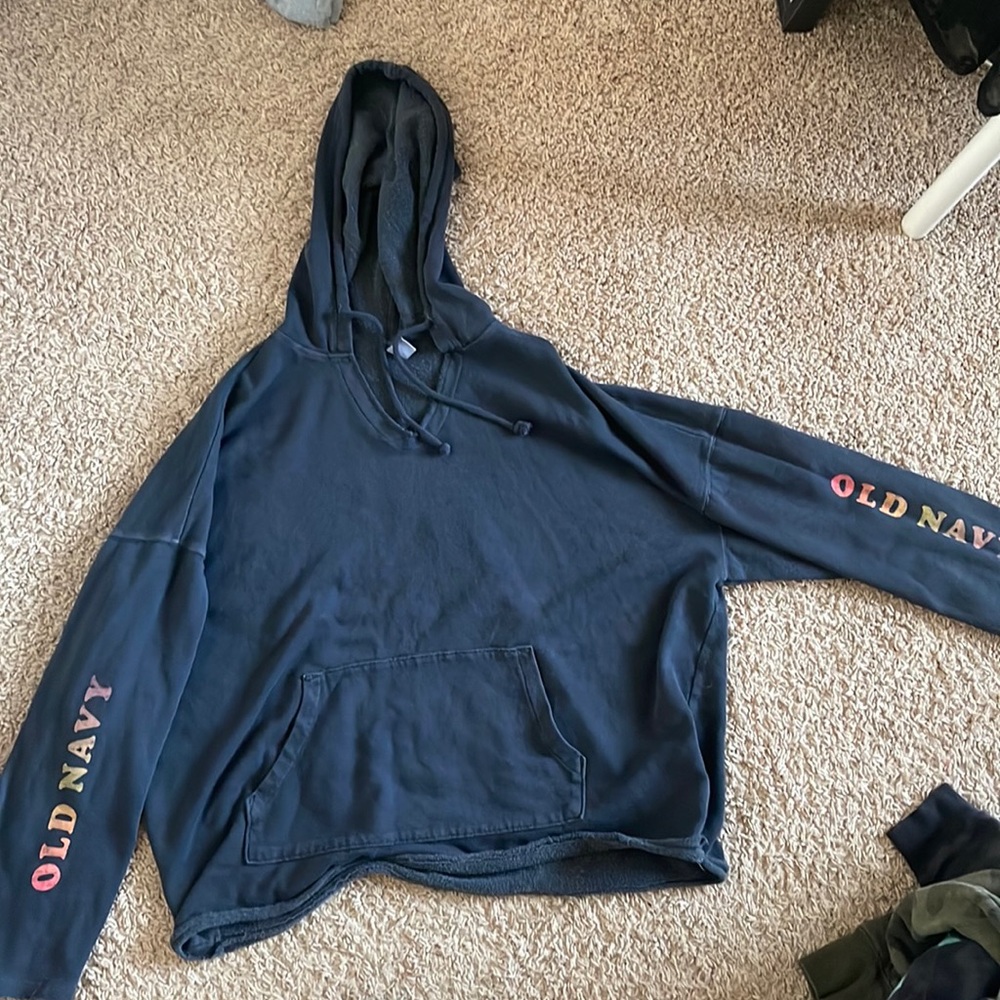 Dark grey, Old Navy in rainbow colors on each sleeve, excellent condition,